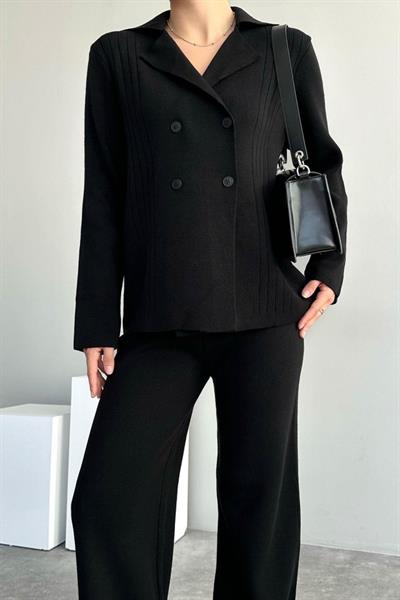 Polo Yakası Katlamalı Takım - Siyah