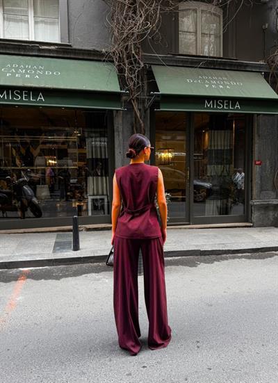 Poly Viscose Arkasi Düğme Ve Kemer Detayli Yelek Pantolon Takim