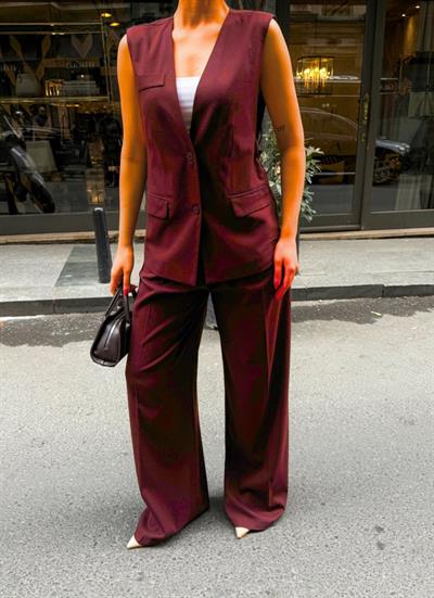 Poly Viscose Arkasi Düğme Ve Kemer Detayli Yelek Pantolon Takim
