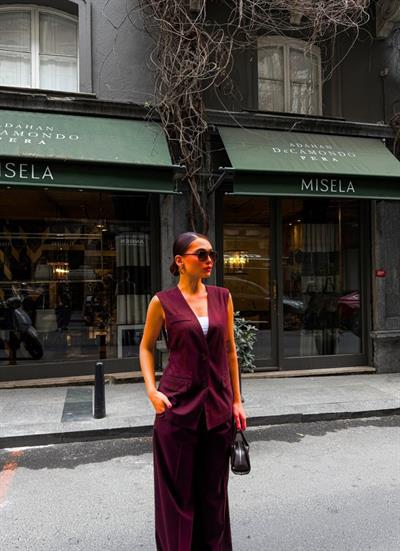 Poly Viscose Arkasi Düğme Ve Kemer Detayli Yelek Pantolon Takim