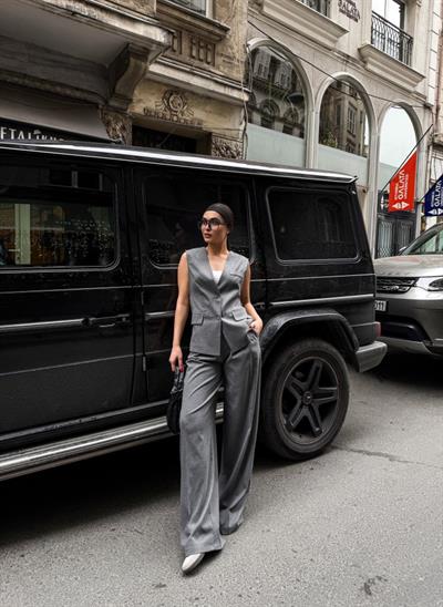 Poly Viscose Arkasi Düğme Ve Kemer Detayli Yelek Pantolon Takim