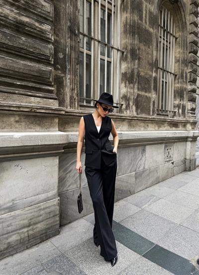 Poly Viscose Arkasi Düğme Ve Kemer Detayli Yelek Pantolon Takim