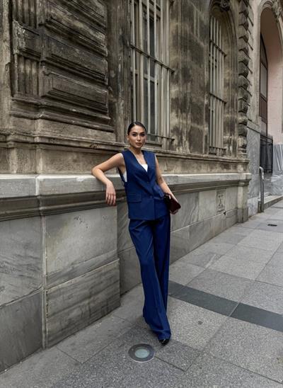 Poly Viscose Arkasi Düğme Ve Kemer Detayli Yelek Pantolon Takim