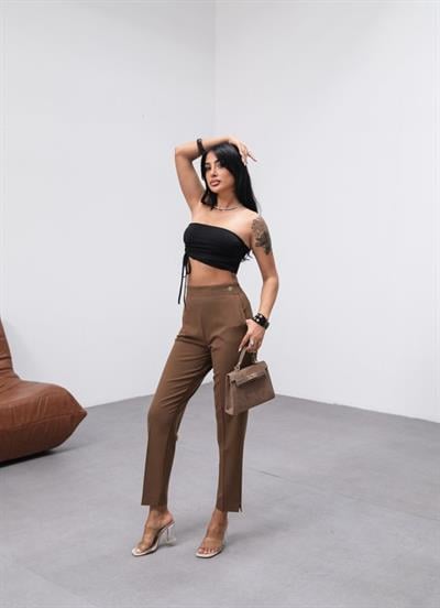 Poly Viscose Dekorati̇f Düğmeli̇ Arka Bel Lasti̇kli̇ Pantolon