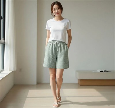 Pötikareli Şort – Beli Lastikli Bağcıklı, Cepli, Rahat Kesim Günlük Yazlık Şort - Mint Yeşili