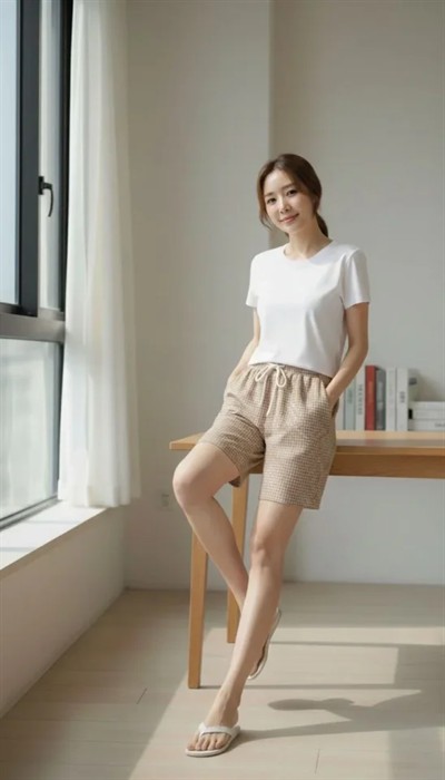 Pötikareli Şort – Beli Lastikli Bağcıklı, Cepli, Rahat Kesim Günlük Yazlık Şort - Bej