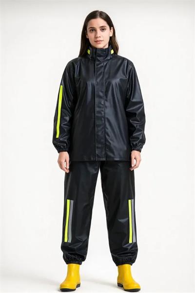 Premium Motorcu Kurye Yağmurluk Takım Su Geçirmez PVC Kumaş Reflektörlü TÜBİTAK Onaylı - Siyah