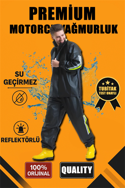 Premium Motorcu Kurye Yağmurluk Takım Su Geçirmez PVC Kumaş Reflektörlü TÜBİTAK Onaylı - Siyah