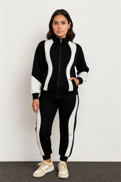 Premium Parçalı Eşofman Takım - Dik Yaka Fermuarlı Sweatshirt - Siyah