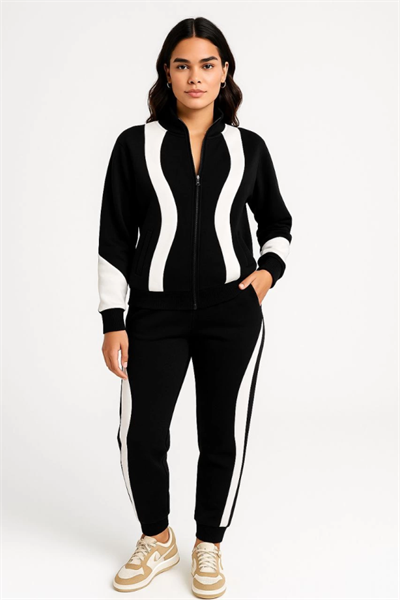 Premium Parçalı Eşofman Takım - Dik Yaka Fermuarlı Sweatshirt - Siyah