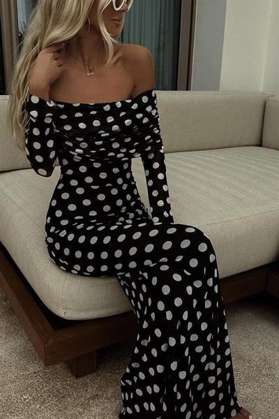 Puantiyeli Tül İçi Astarlı Madonna Yaka Maxi Boy Elbise
