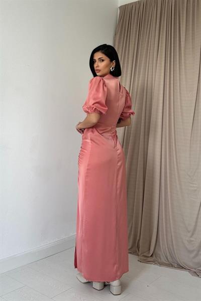 Pudra Büzgülü Saten Elbise