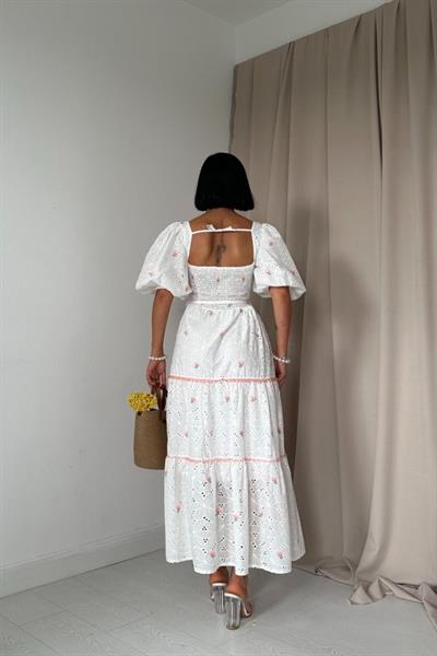 Pudra Dantel Detaylı Brode Elbise