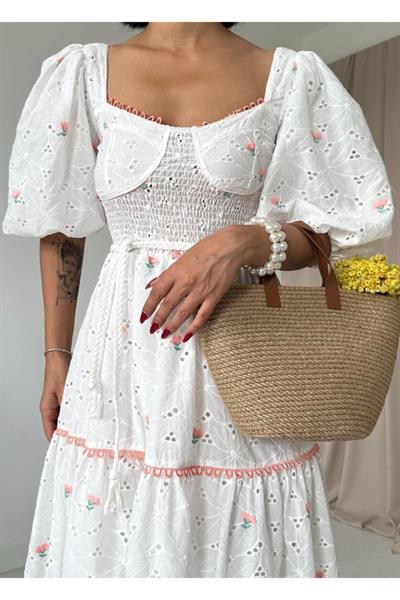 Pudra Dantel Detaylı Brode Elbise