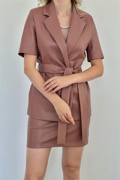 Pudra Deri Ceket Ve Etek Takım