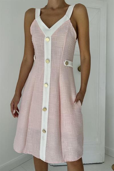 Pudra Ekru Süs Cepli Askılı Elbise