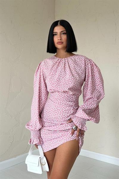 Pudra Puantiyeli Önü Büzgülü Elbise