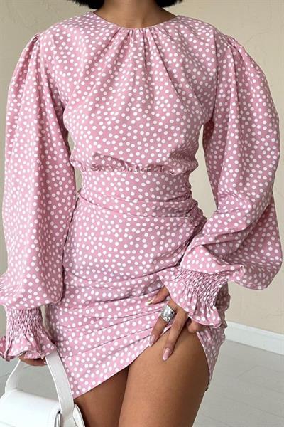 Pudra Puantiyeli Önü Büzgülü Elbise