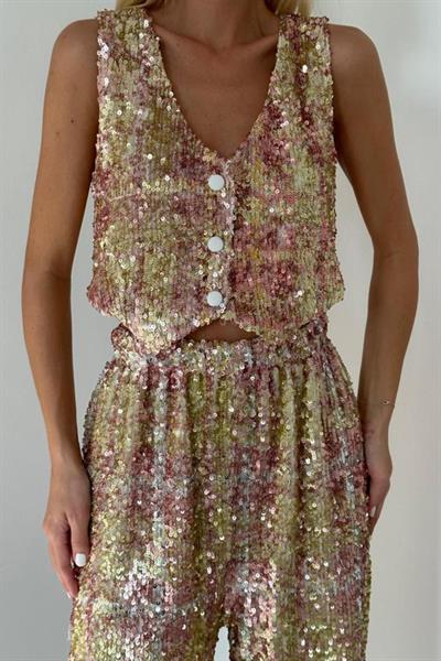 Pudra Pullu Yelek Ve Pantolon Takım