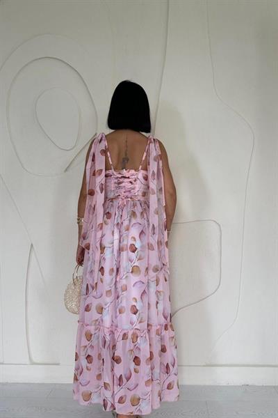 Pudra Şifon Drapeli Elbise