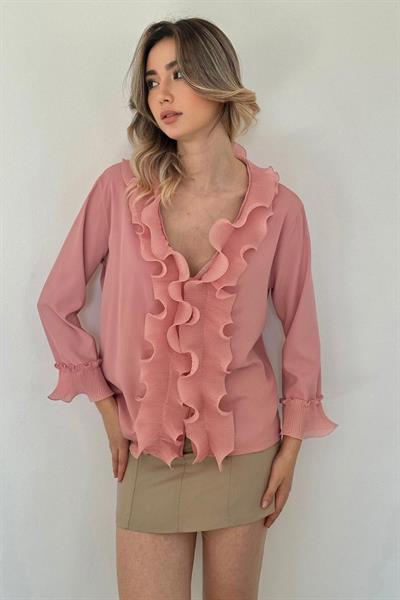 Pudra Yakası Volanlı Gömlek