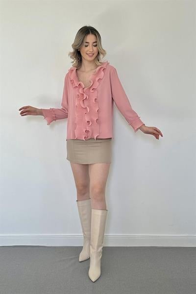 Pudra Yakası Volanlı Gömlek
