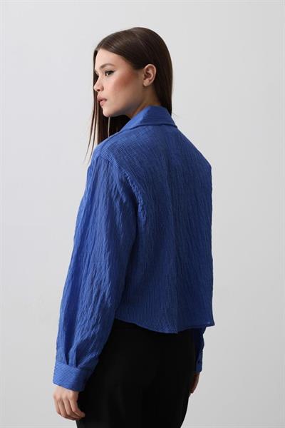 Püskül Cep Detaylı Kısa Gömlek - Mavi