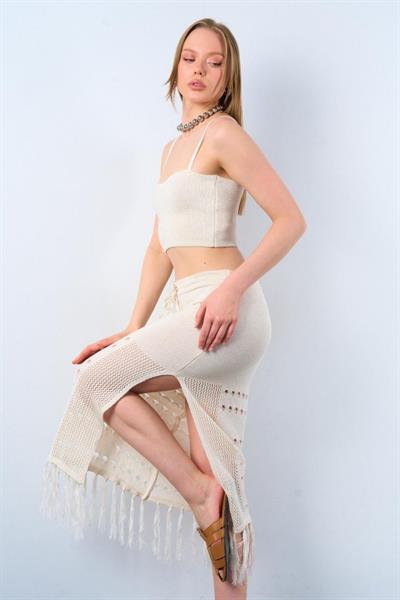 Püsküllü Etekli Takım - Krem