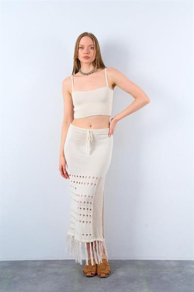 Püsküllü Etekli Takım - Krem