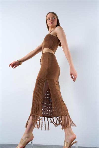 Püsküllü Etekli Takım - Süt Kahve