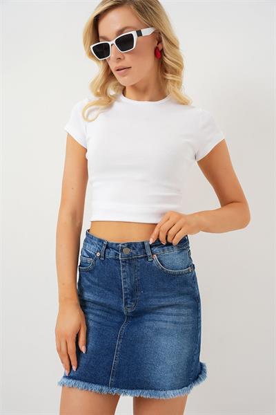 Püsküllü Mini Kot Etek 8051 - Lacivert