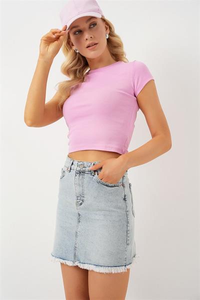 Püsküllü Mini Kot Etek 8051 - Mavi