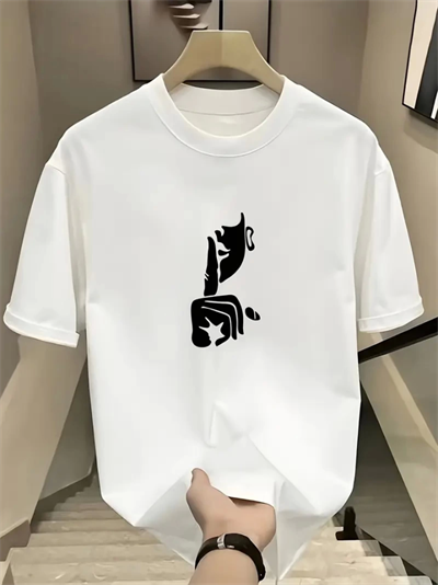 Rahat Bisiklet Yaka Tişört, Yaratıcı Karikatür Baskı - Yumuşak Polyester, Her Mevsim Giyilebilir- Beyaz