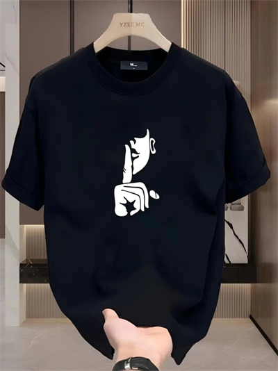 Rahat Bisiklet Yaka Tişört, Yaratıcı Karikatür Baskı - Yumuşak Polyester, Her Mevsim Giyilebilir- Siyah