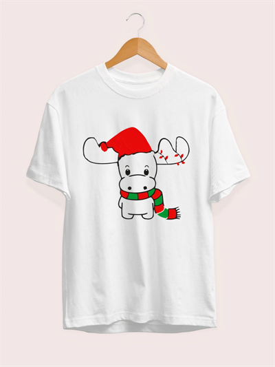 Ren Geyiği Baskılı Noel İçin T-shirt - Beyaz