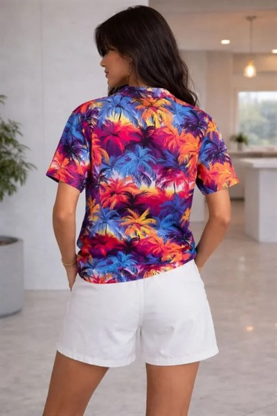 Renkli Tropikal Palmiye Desenli Kısa Kol Gömlek Şort Takım Yazlık Rahat Kalıp - Desenli