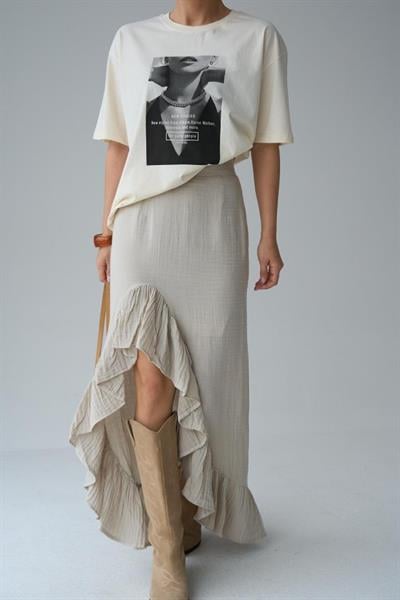 Resim Baskılı T-Shirt - Ekru