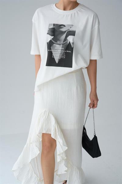 Resim Baskılı T-Shirt - Krem