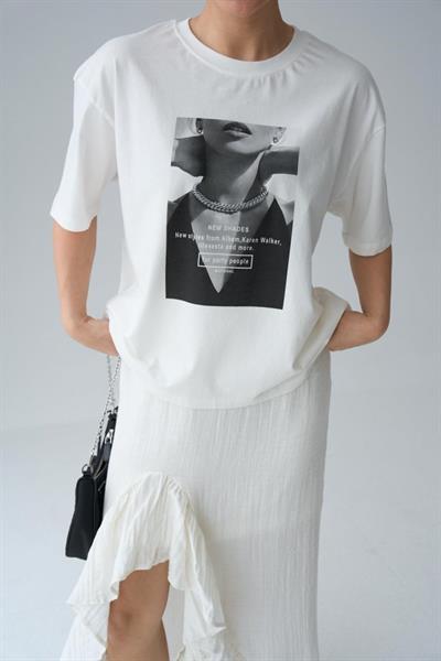 Resim Baskılı T-Shirt - Krem