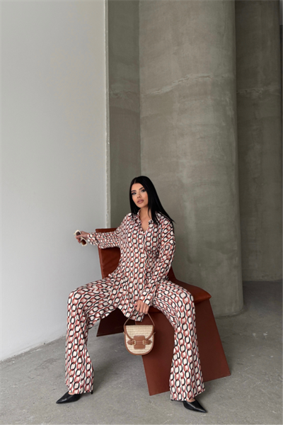 SANDY GÖMLEK-PANTOLON TAKIM ZİNCİR DESENLİ - Bej