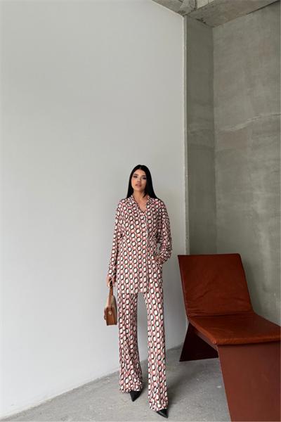 SANDY GÖMLEK-PANTOLON TAKIM ZİNCİR DESENLİ - Bej