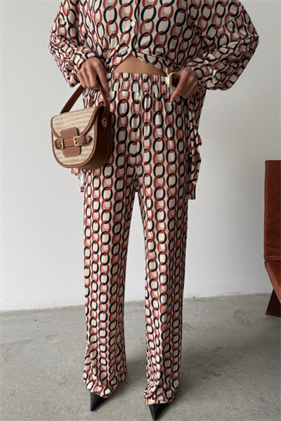 SANDY GÖMLEK-PANTOLON TAKIM ZİNCİR DESENLİ - Bej