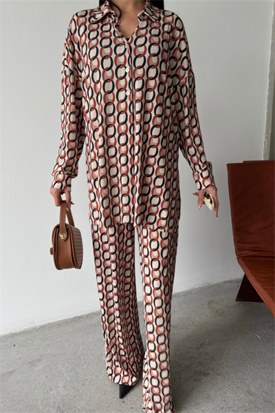 SANDY GÖMLEK-PANTOLON TAKIM ZİNCİR DESENLİ - Bej