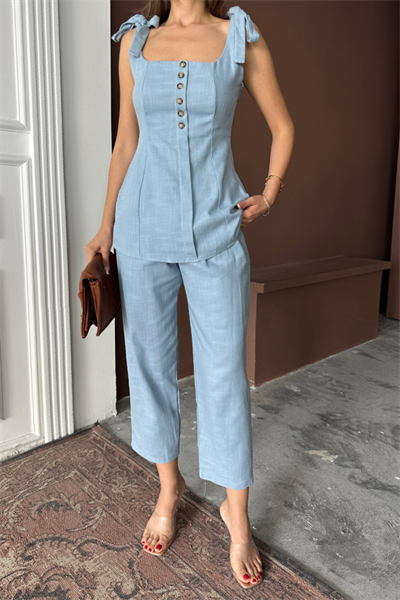 ŞANTUK KETEN YELEK GÖRÜNÜMLÜASKILI BLUZ - PANTOLON TK - Mavi