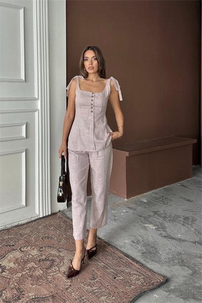 ŞANTUK KETEN YELEK GÖRÜNÜMLÜASKILI BLUZ - PANTOLON TK - Lila