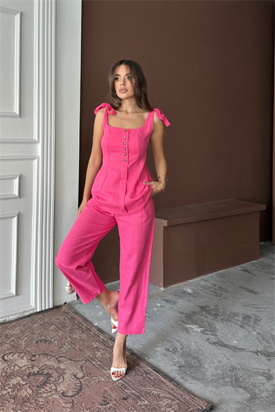 ŞANTUK KETEN YELEK GÖRÜNÜMLÜ  ASKILI BLUZ - PANTOLON TK - Fuşya