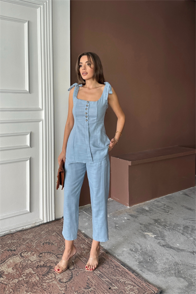 ŞANTUK KETEN YELEK GÖRÜNÜMLÜASKILI BLUZ - PANTOLON TK - Mavi