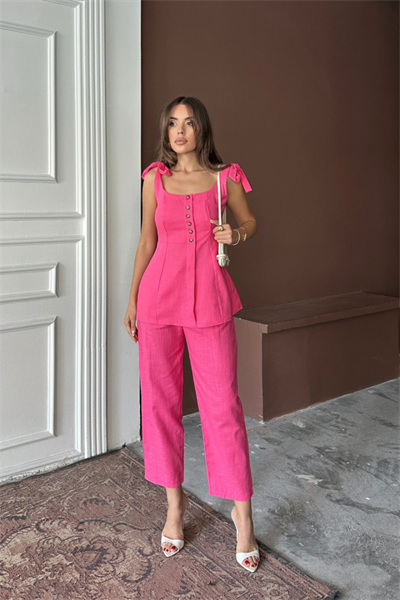 ŞANTUK KETEN YELEK GÖRÜNÜMLÜ  ASKILI BLUZ - PANTOLON TK - Fuşya