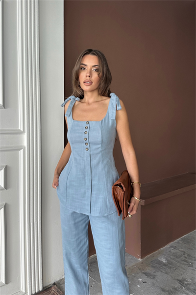 ŞANTUK KETEN YELEK GÖRÜNÜMLÜASKILI BLUZ - PANTOLON TK - Mavi