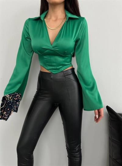 SATEN CROP BLUZ - Yeşil